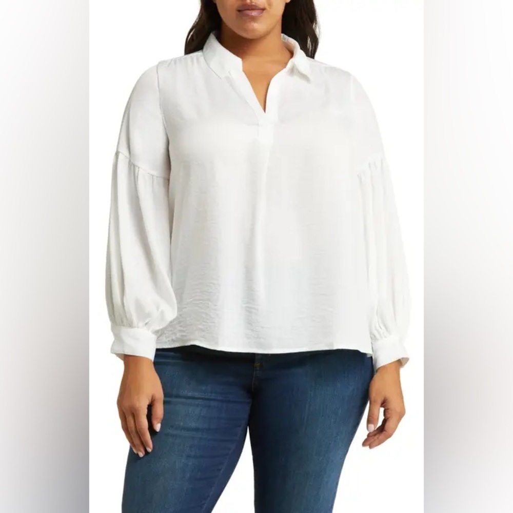 NWT Vince Camuto Collared Split Neck White Blouse with Long Balloon Sleeves 3X